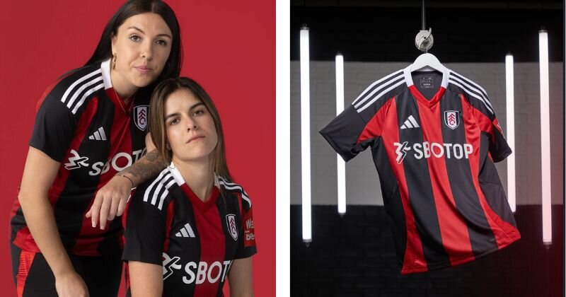 Fulham away shirt, featuring red and black stripes with white detailing